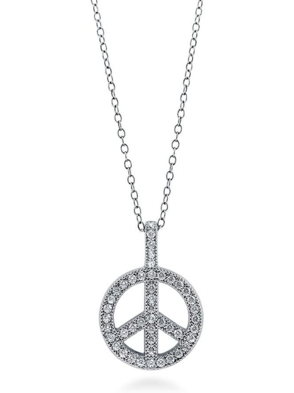 Sterling Silver Peace Sign Pendant Necklace for Women, CZ, 18" Gold/Rhodium